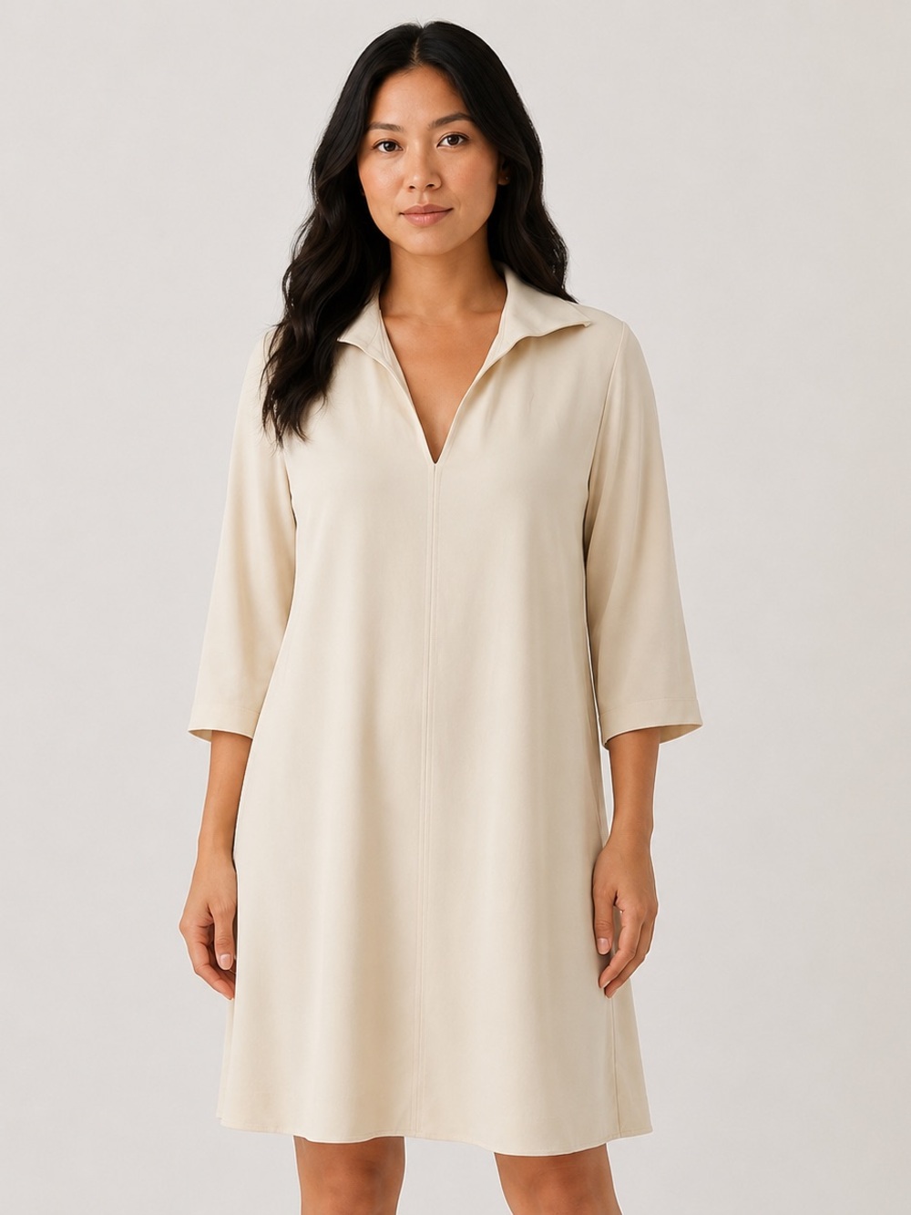 Peter Cohen 100% Silk Cream Neutral Collared V-Neck Dress Sz M